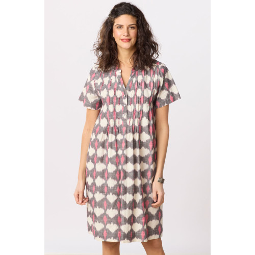 Anvita Short-Sleeve Pleated Shirtdress - Natural/Pink/Grey Anvita Short-Sleeve Pleated Shirtdress - Natural/Pink/Grey