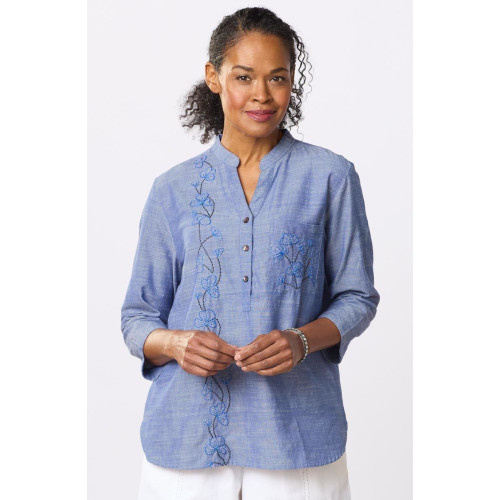 Chinam Band Collar Henley Shirt - Chambray Chinam Band Collar Henley Shirt - Chambray