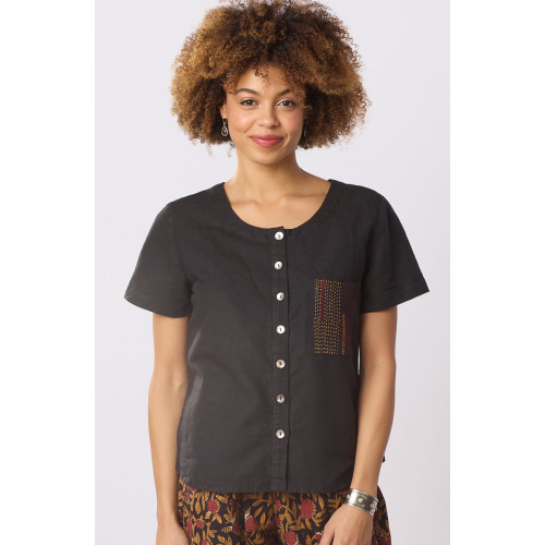 Meera Linen Cotton Short-Sleeve Button-Down Top - Black Meera Linen Cotton Short-Sleeve Button-Down Top - Black
