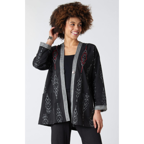 Kanchi Collarless One Button Ikat Jacket - Black Kanchi Collarless One Button Ikat Jacket - Black
